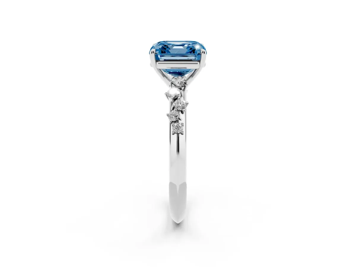 Fancy Blue Asscher Cut Diamond Cluster Side Stone Solitaire Ring with Prong Setting Silver