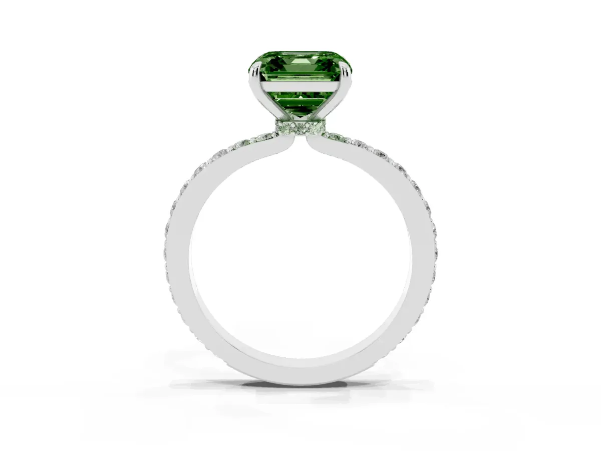 Fancy Green Asscher Cut Diamond Solitaire Engagement Ring with Pavé Band and Four-Prong Setting White gold