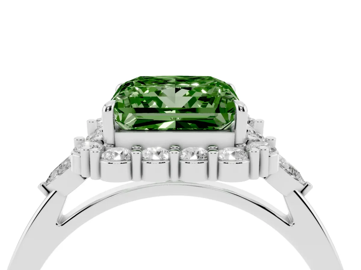 Fancy Green Princess Cut Diamond Halo Ring with Pear Side Stones and Prong Setting Silver