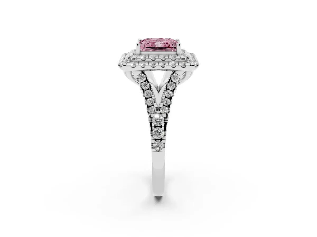 Fancy Pink Double Halo Princess Cut Diamond Pavé Split Shank Ring with Prong Setting Platinum