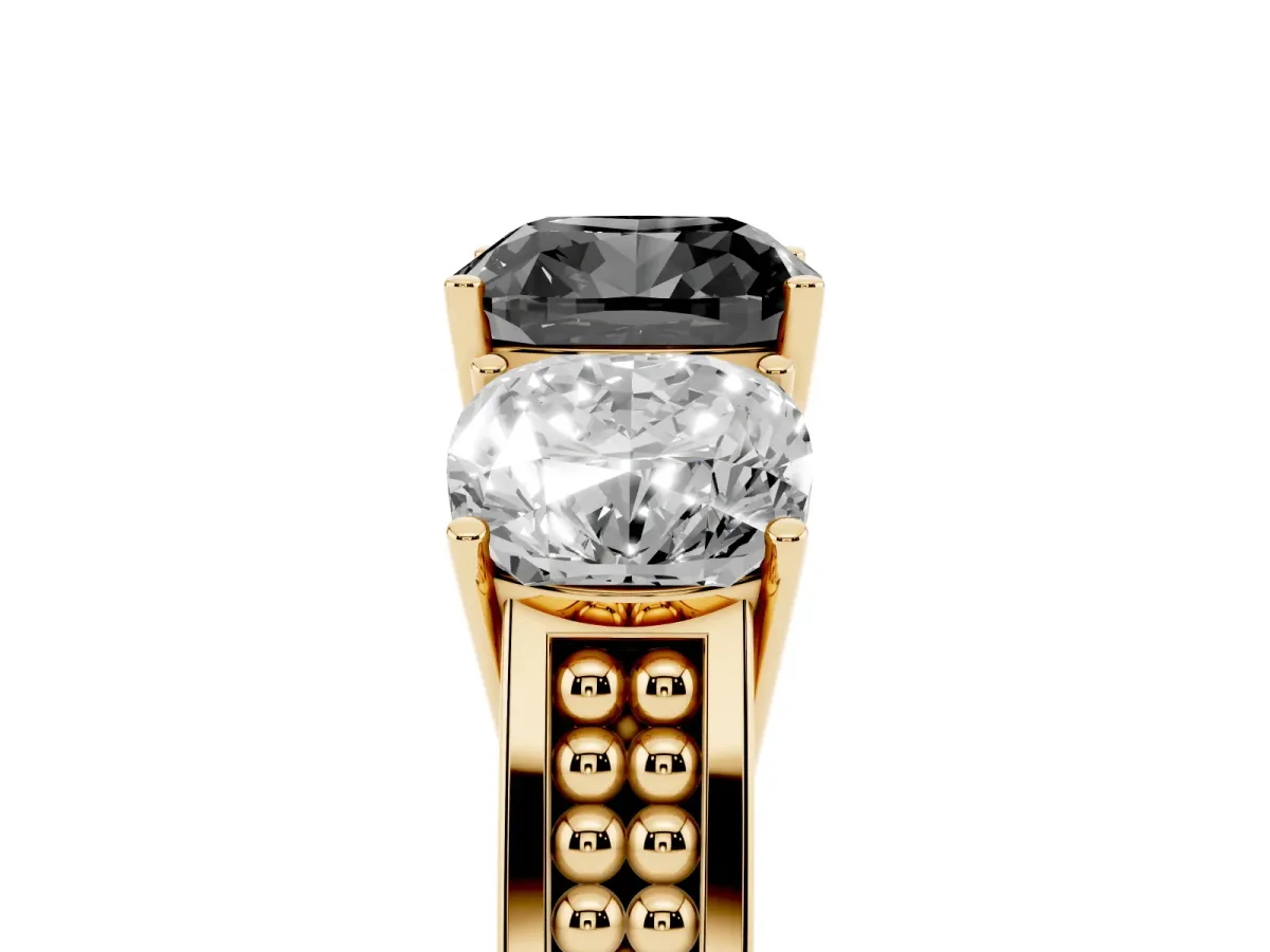 Fancy Black Cushion Cut Diamond Three-Stone Ring with Prong Setting and Textured Band Yellow gold