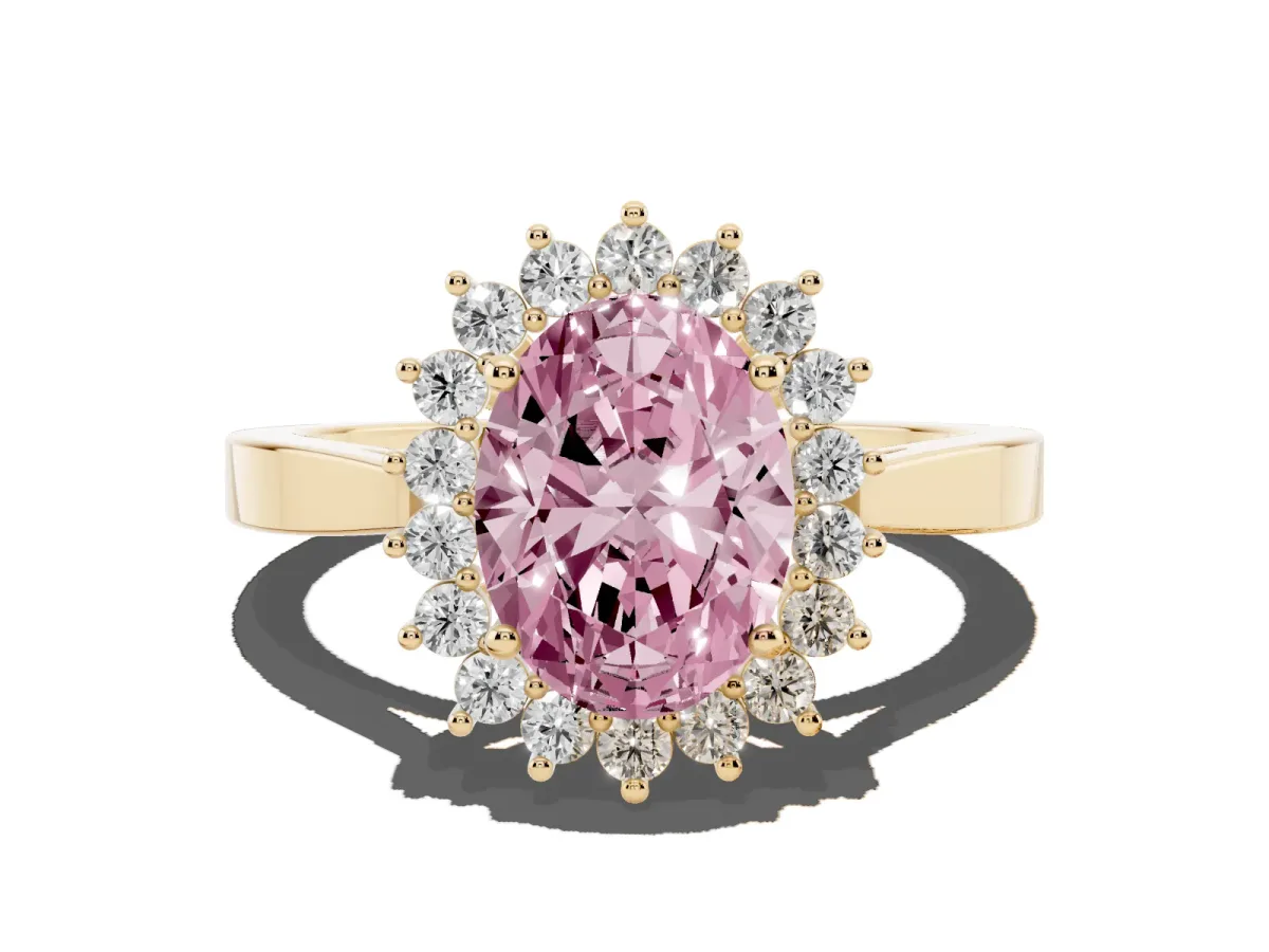 Fancy Pink Oval Cut Cut Diamond Halo Ring with Round Brilliant Halo and Solitaire Band Yellow gold