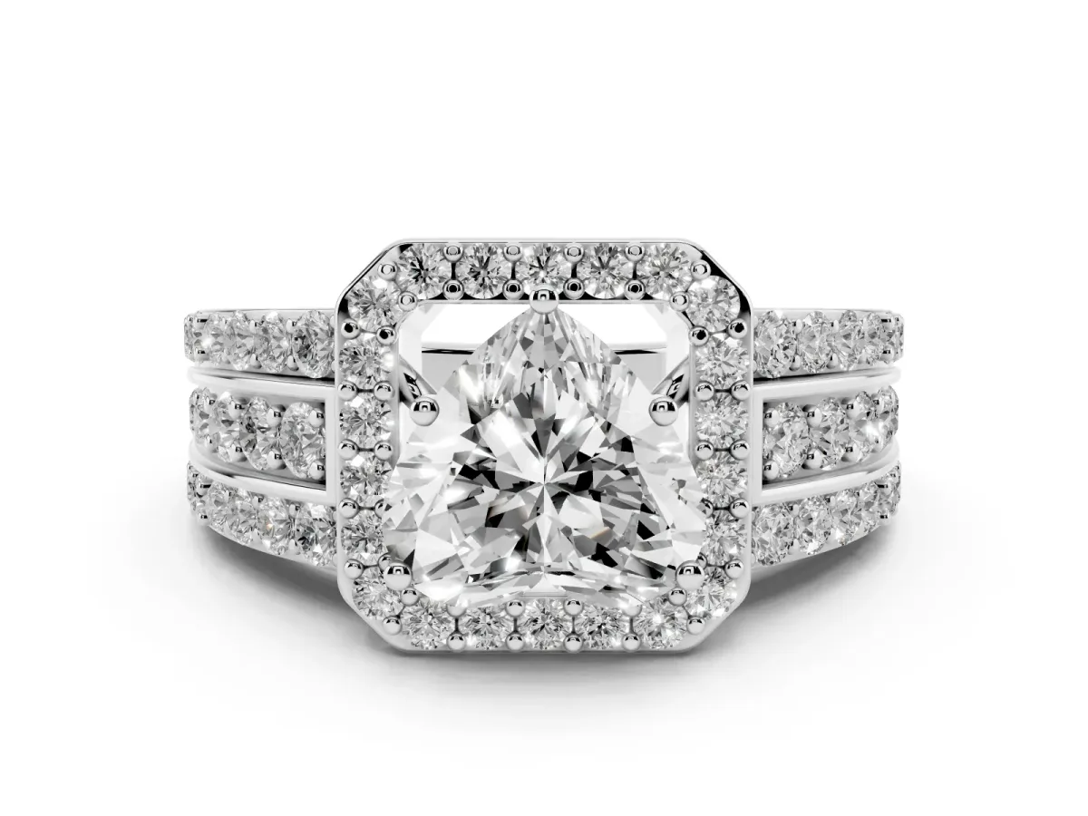 Heart Cut Halo Diamond Ring with Round Split Shank and Prong Setting Platinum