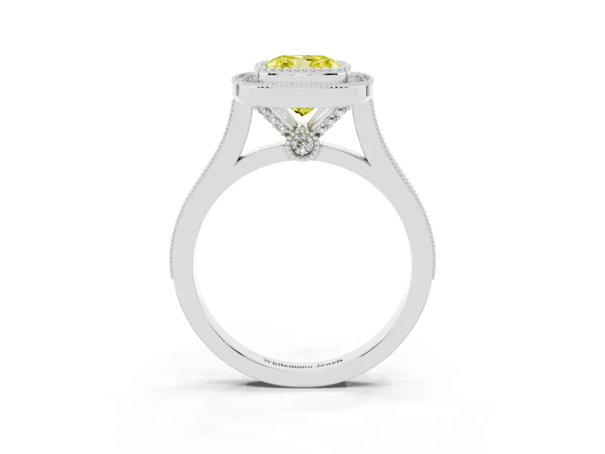 Fancy Yellow Cushion Cut Diamond Halo Ring with Milgrain Frame and Pavé Band White gold