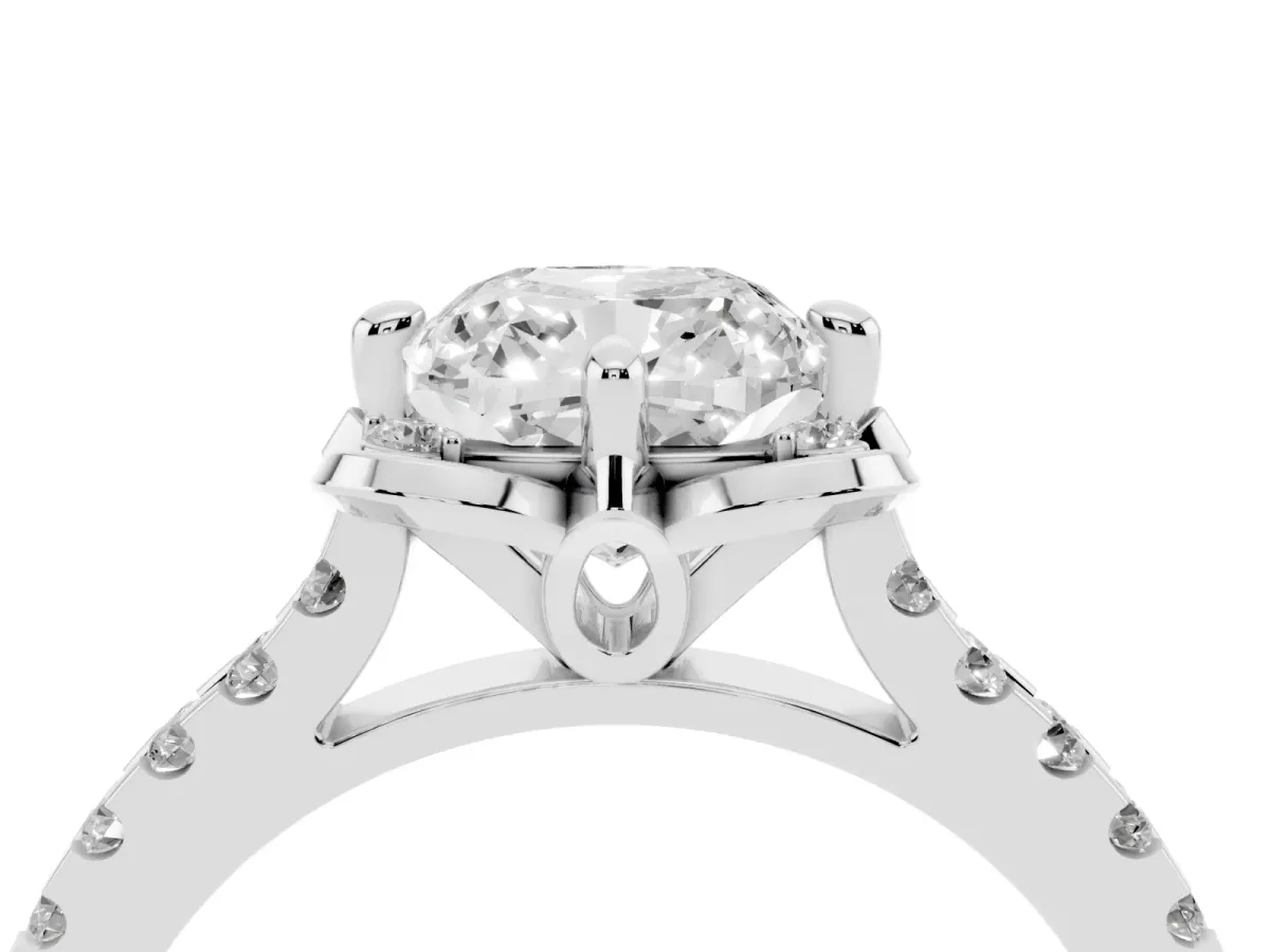 Cushion Cut Diamond Ring with Pavé Band and Floral Prong Setting Silver