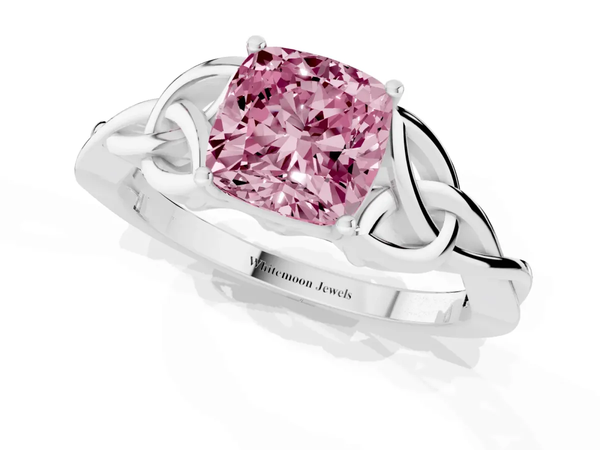 Fancy Pink Cushion Cut Diamond Solitaire Engagement Ring with Celtic Knot Band and Four-Prong Setting Platinum