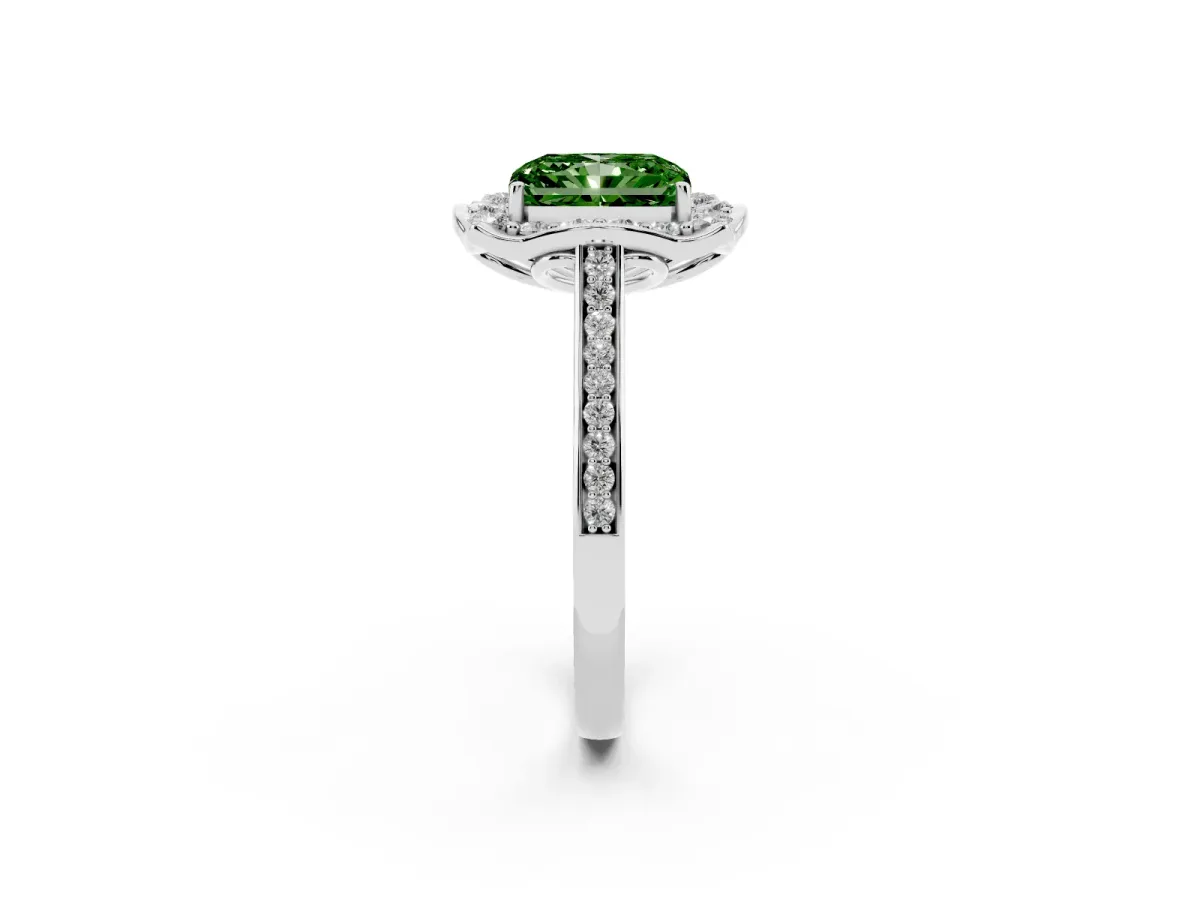Fancy Green Radiant Cut Halo Round Diamond Pave Band with Four-Prong Setting Silver