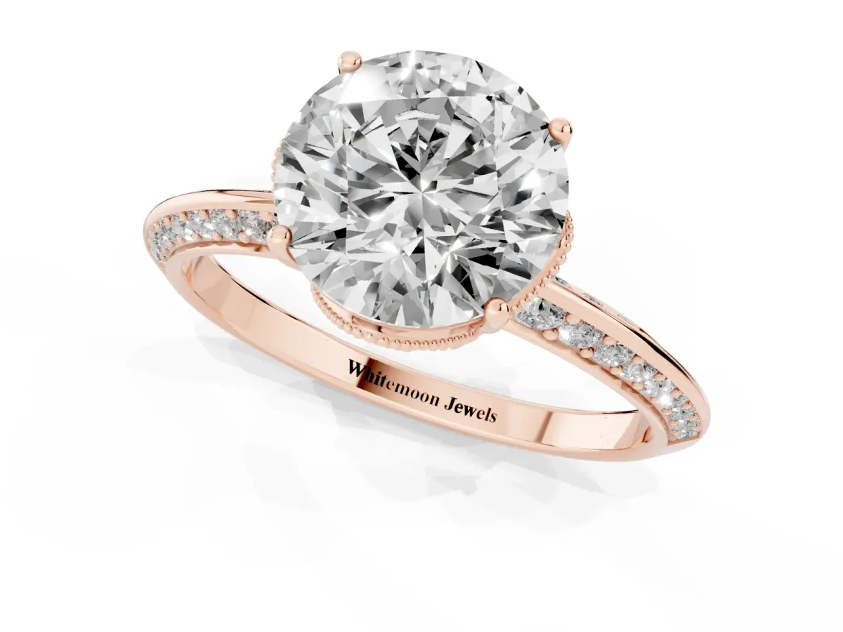 Round Cut Solitaire Split Shank Pave Diamond Engagement Ring with Four-Prong Setting Rose gold