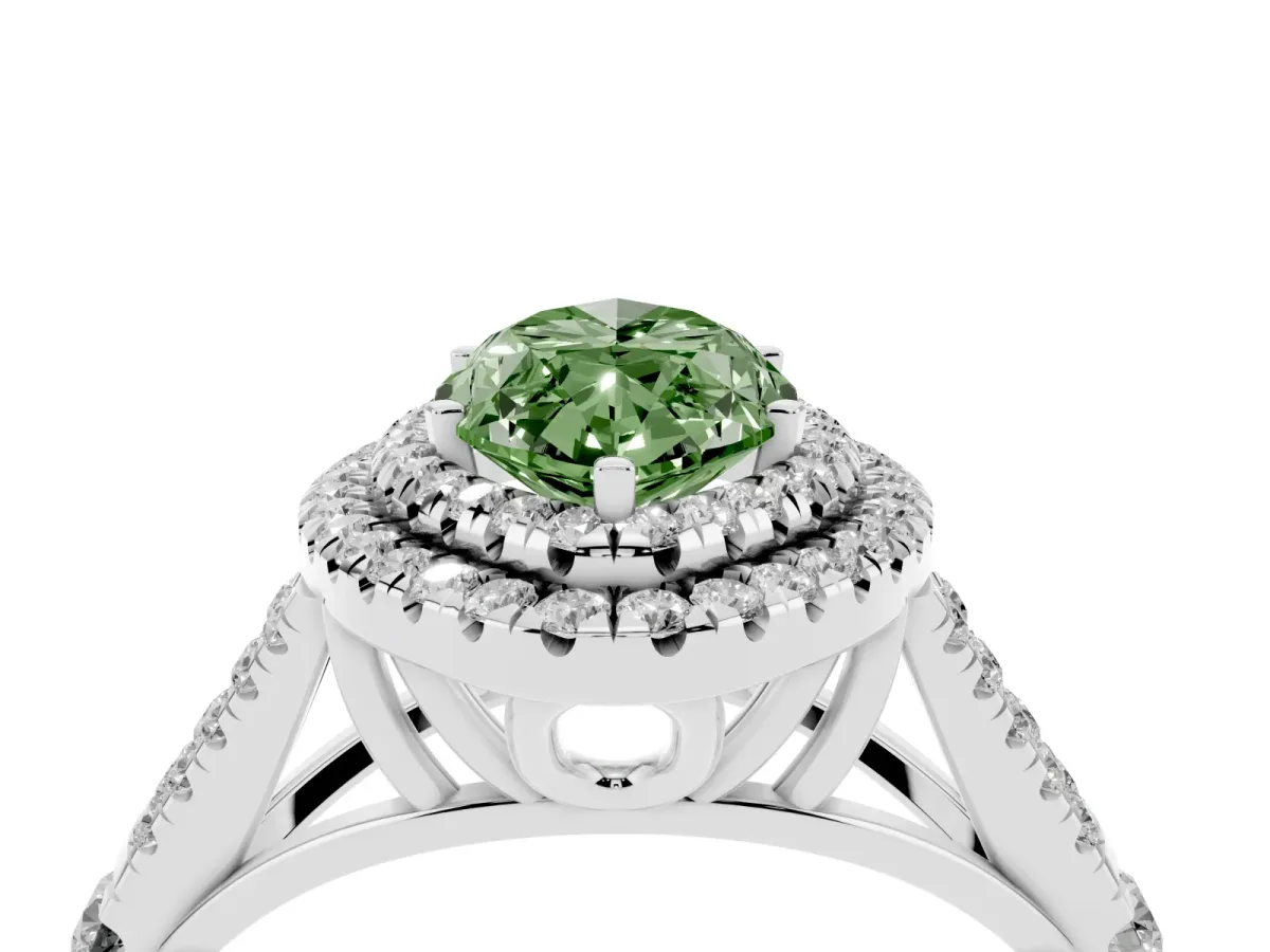 Fancy Green Double Halo Marquise Cut Diamond Split Shank Engagement Ring with Four-Prong Setting Silver