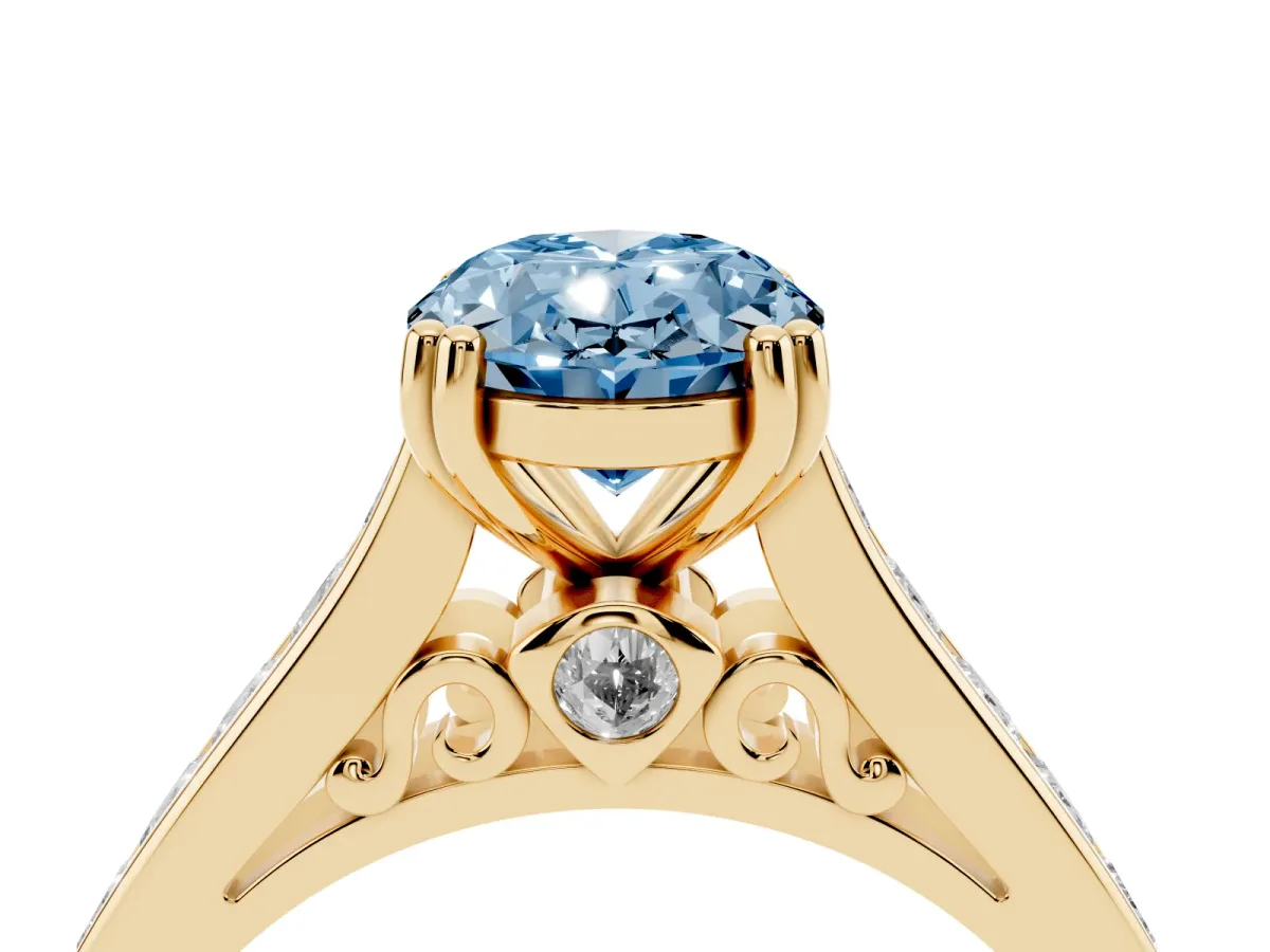 Fancy Blue Oval Cut Cut Channel Set Solitaire Engagement Ring with Prong Setting Yellow gold