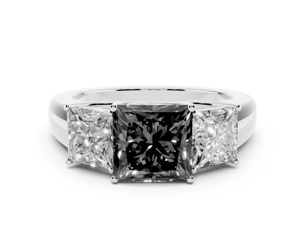 Fancy Black Three-Stone Princess Cut Cut Diamond Ring with Prong Setting and Classic Band Silver