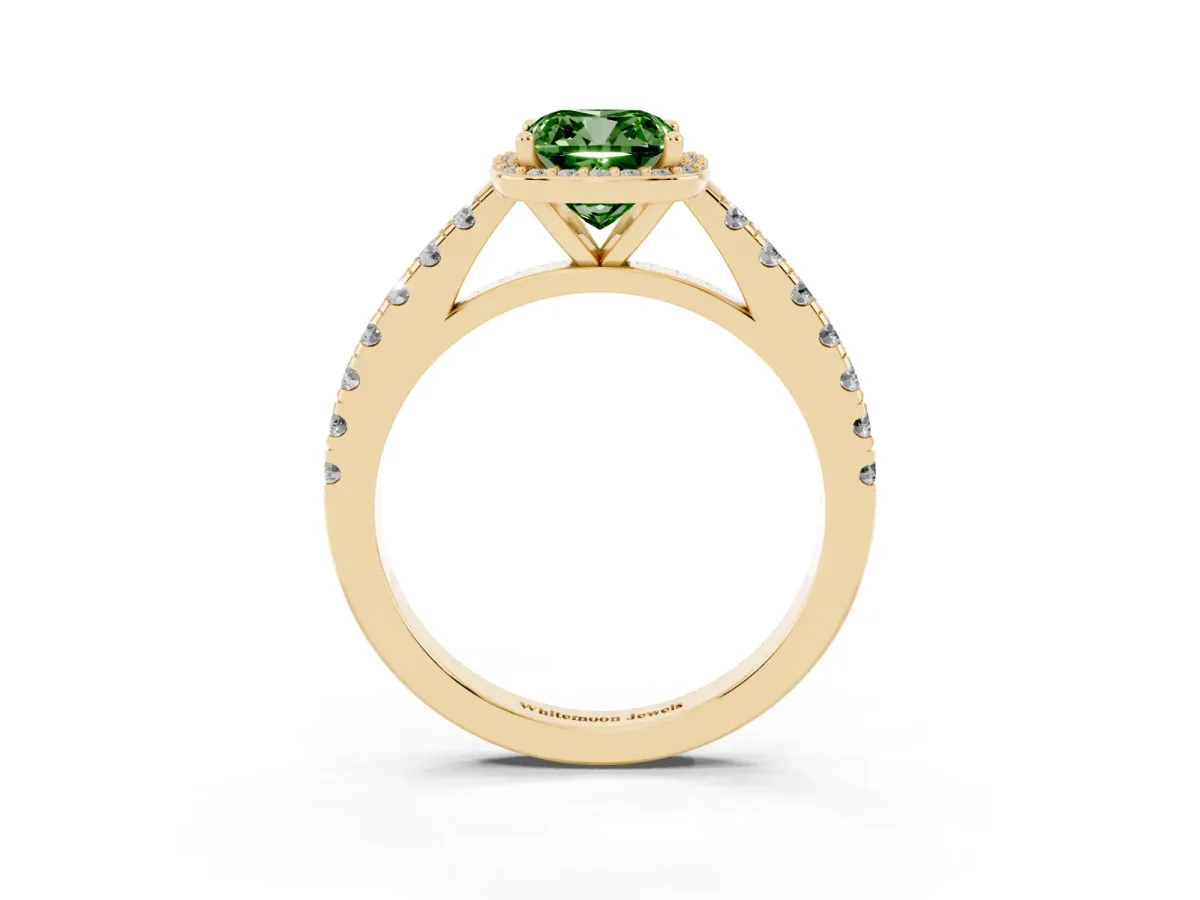 Fancy Green Cushion Cut Cut Halo Diamond Engagement Ring with Pave Band and Four-Prong Setting Yellow gold