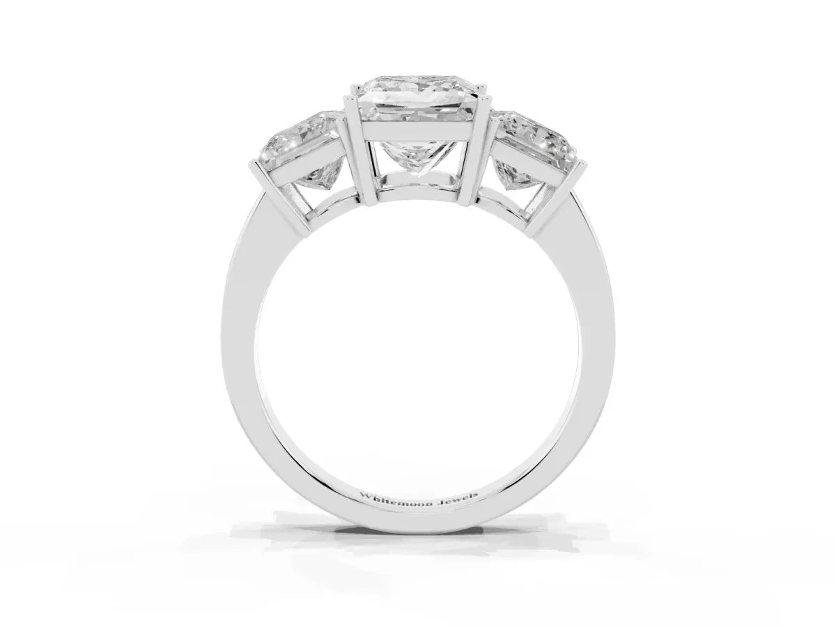 Three-Stone Princess Cut Cut Diamond Engagement Ring with Flat Band and Four-Prong Setting Silver