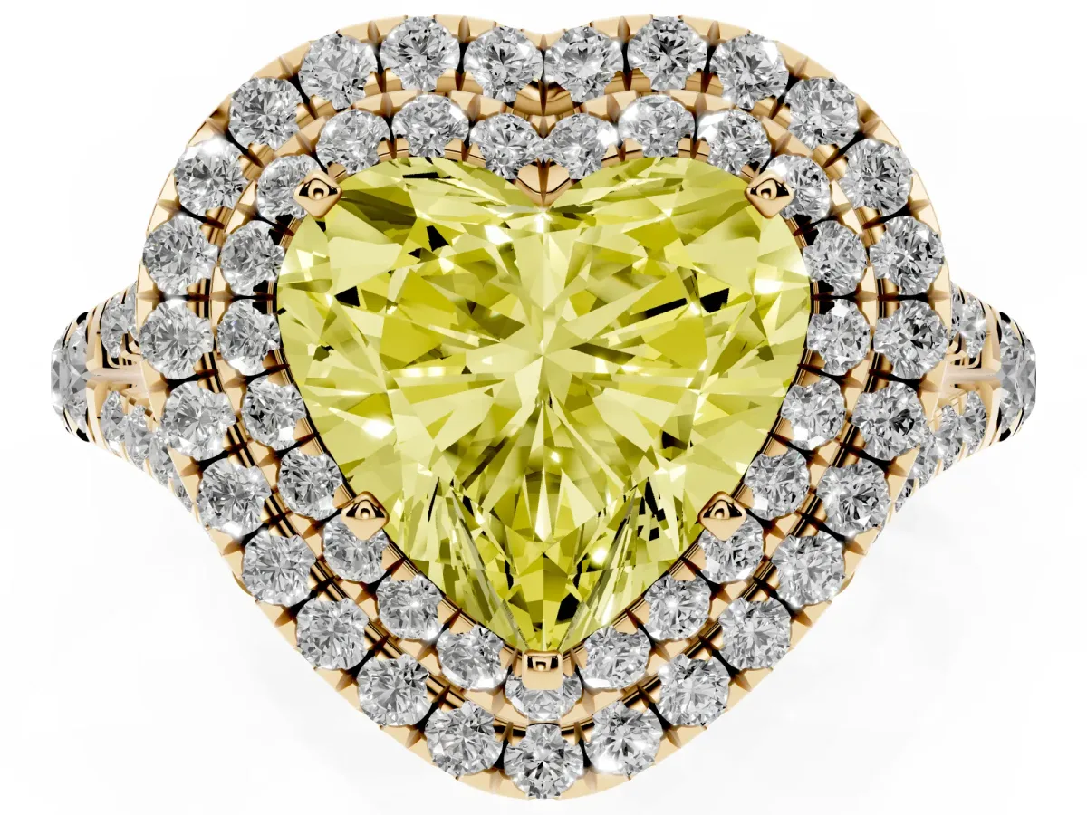 Fancy Yellow Double Halo Heart Cut Diamond Split Shank Engagement Ring with Four-Prong Setting Yellow gold