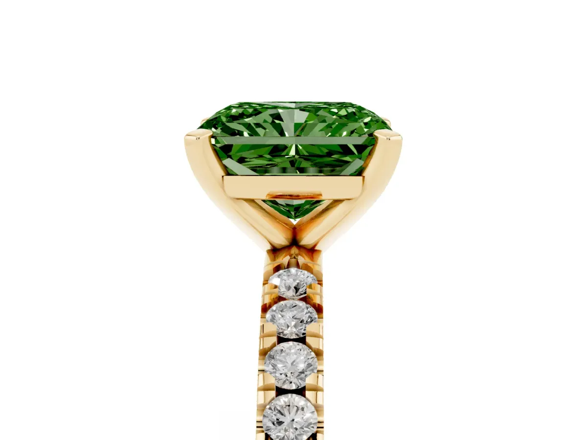 Fancy Green Radiant Cut Diamond Pavé Band Solitaire with Four-Prong Setting Yellow gold