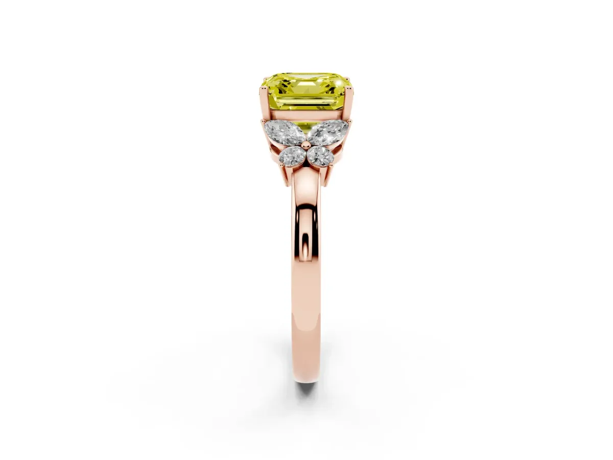 Fancy Yellow Asscher Cut Cut Solitaire Floral Diamond Ring with Four-Prong Setting Rose gold