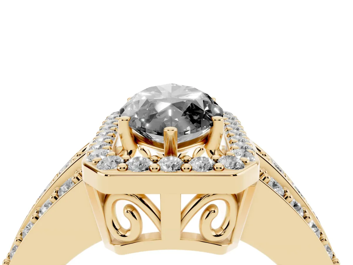 Fancy Black Marquise Cut Halo Diamond Ring with Round Split Shank and Prong Setting Yellow gold