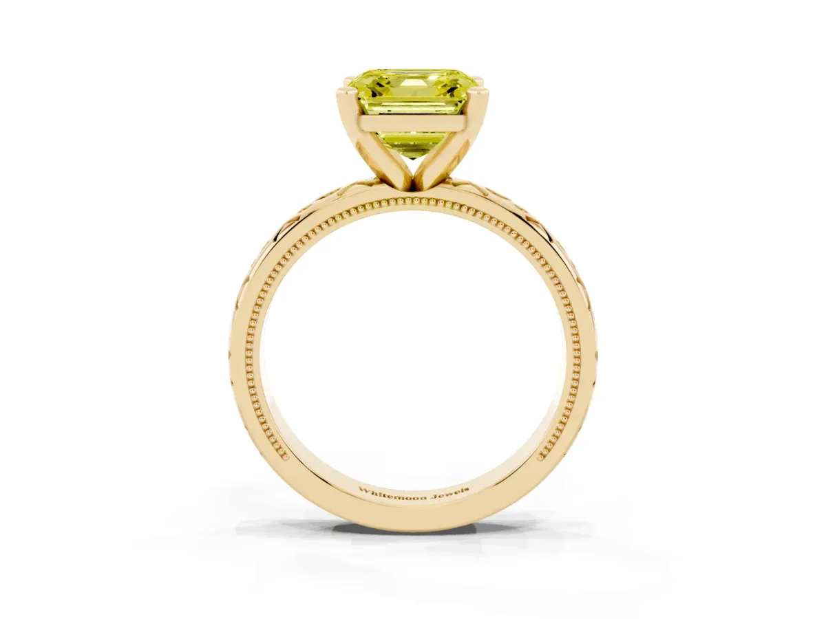 Fancy Yellow Asscher Cut Solitaire Engagement Ring with Scrollwork Band and Four-Prong Setting Yellow gold