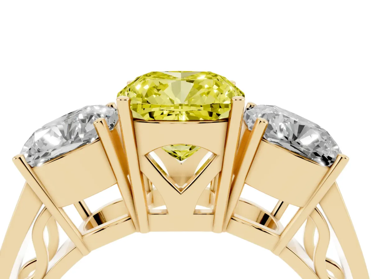 Fancy Yellow Cushion Cut Diamond Three-Stone Ring with Prong Setting and Textured Band Yellow gold