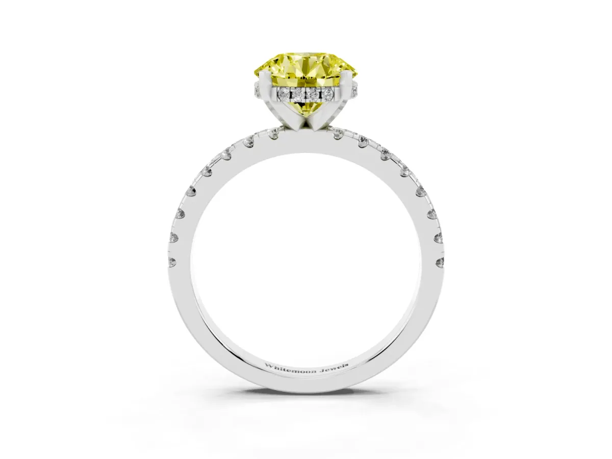 Fancy Yellow Round Cut Diamond Solitaire Ring with Round Pavé Band and Four-Prong Setting Silver