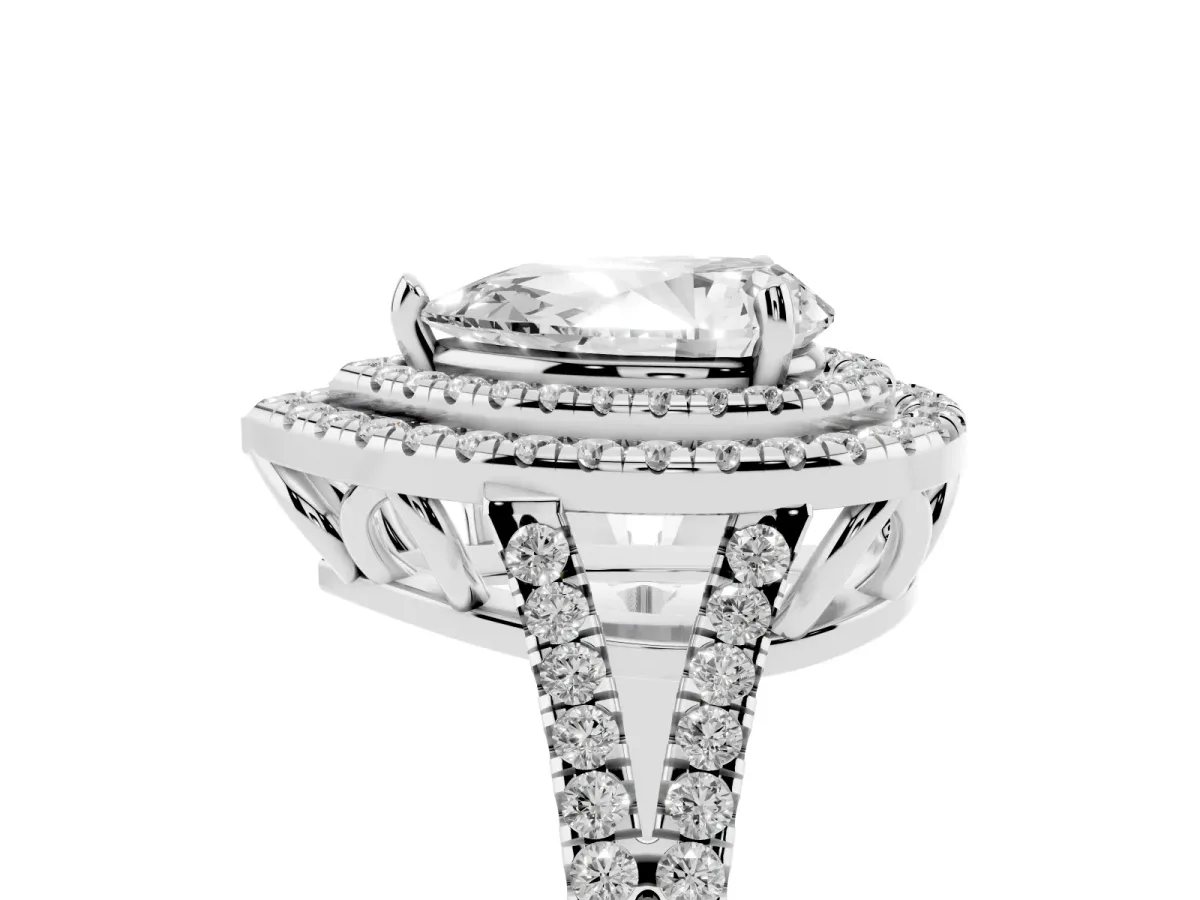 Pear Cut Diamond Double Halo Ring with Pavé Band and Prong Setting Silver