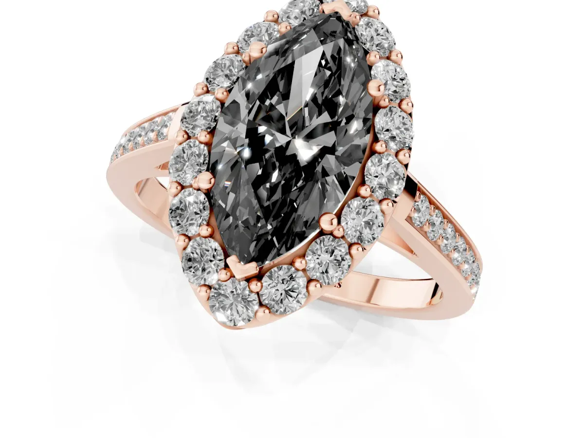 Fancy Black Marquise Cut Diamond Floral Halo Ring with Pavé Band and Prong Setting Rose gold