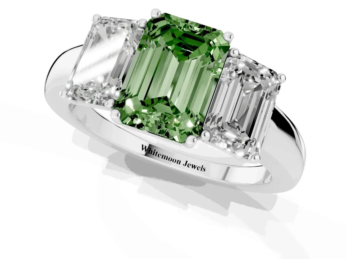 Fancy Green Emerald Cut Diamond Three-Stone Ring with Four-Prong Setting and Classic Band Silver