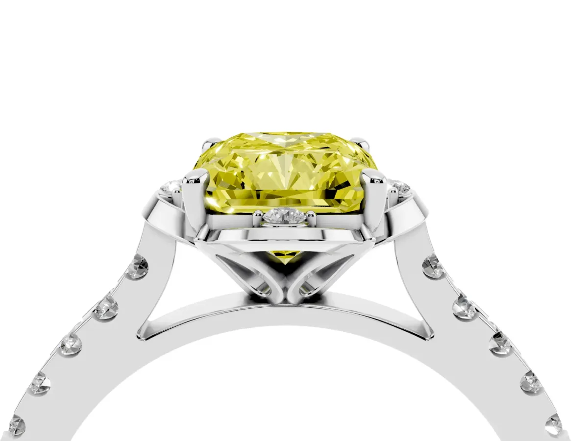 Fancy Yellow Radiant Cut Diamond Ring with Pavé Band and Floral Prong Setting White gold
