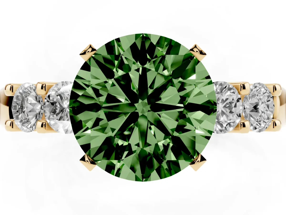 Fancy Green Round Cut Brilliant Cut Diamond Five-Stone Prong Set Engagement Ring with Channel Band Yellow gold