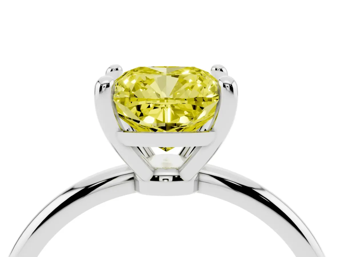 Fancy Yellow Cushion Cut Solitaire Diamond Ring with 4-Prong Setting on a Classic Band Silver
