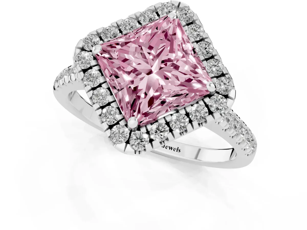 Fancy Pink Princess Cut Diamond Cushion Halo Ring with Pavé Band White gold