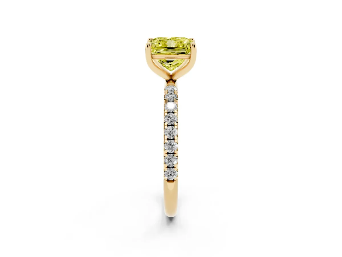 Fancy Yellow Princess Cut Cut Diamond Solitaire Ring with Micro Pave Band and Four Prong Setting Yellow gold