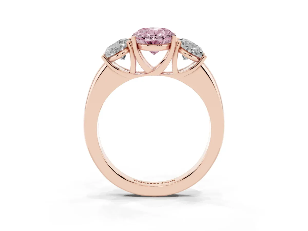 Fancy Pink Oval Cut Diamond Three-Stone Ring with Four-Prong Setting and Classic Band Rose gold