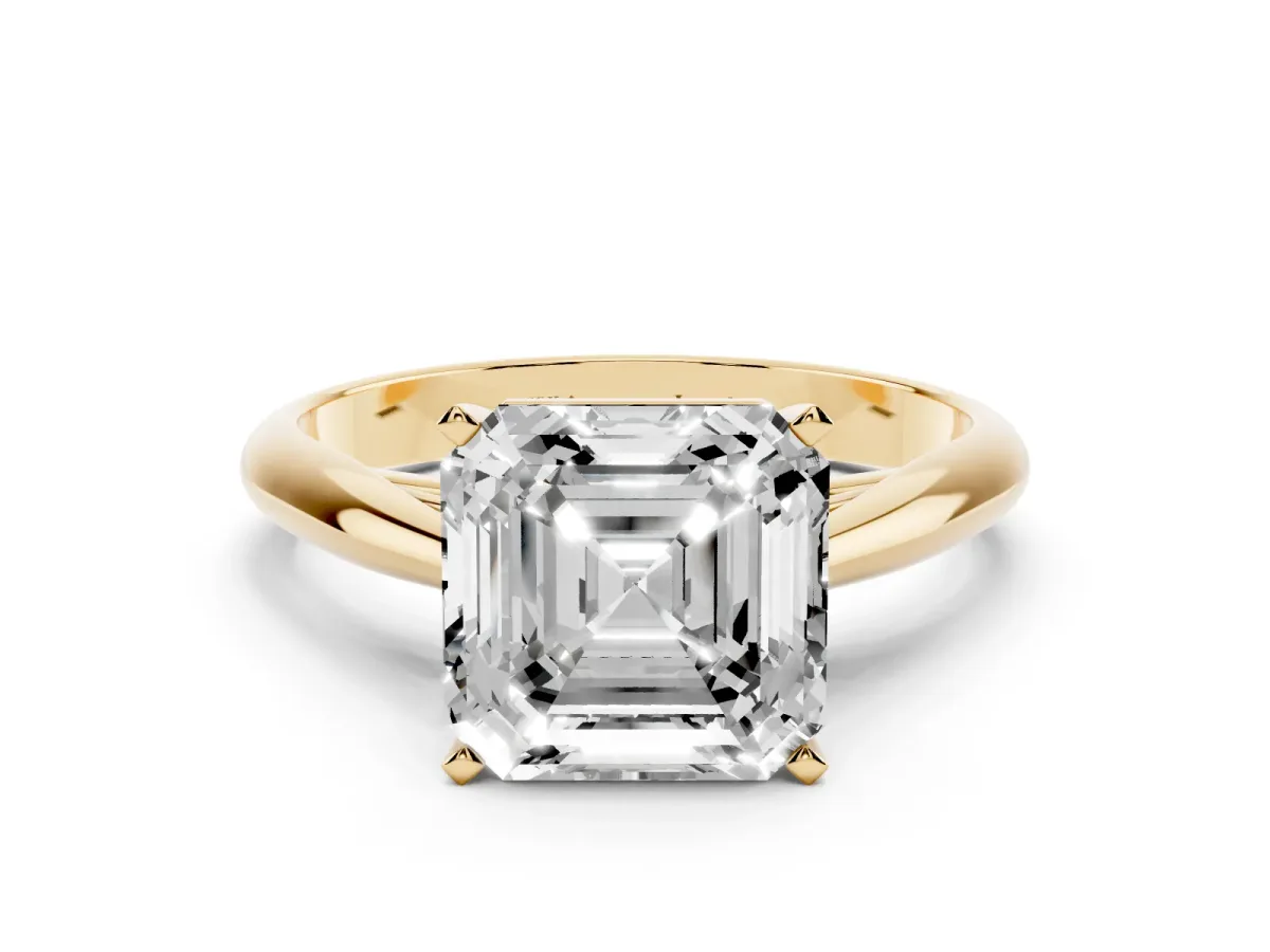 Asscher Cut Diamond Solitaire Engagement Ring with Cathedral Setting and Four-Prong Mount Yellow gold