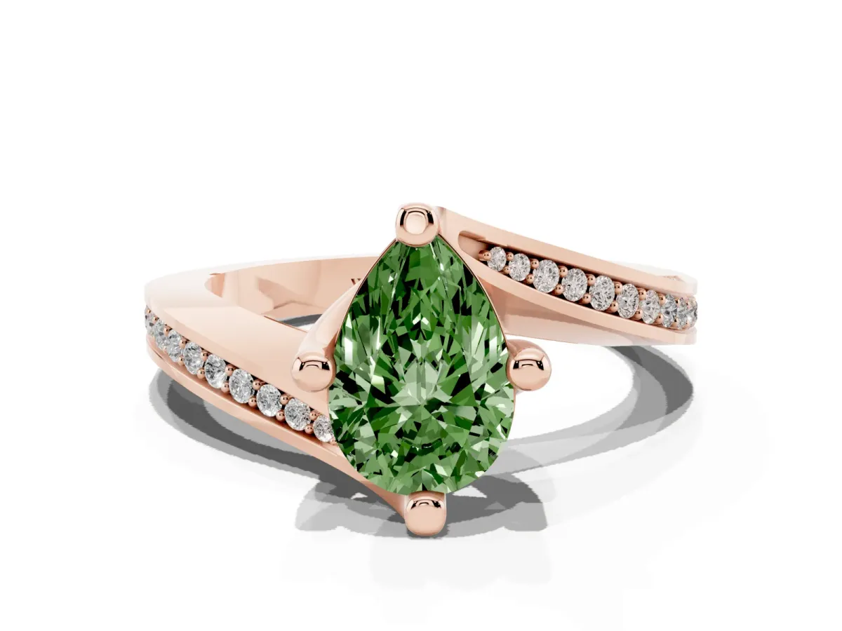Fancy Green Pear Cut Solitaire Diamond Twist Band with Pavé Setting and Four-Prong Setting Rose gold