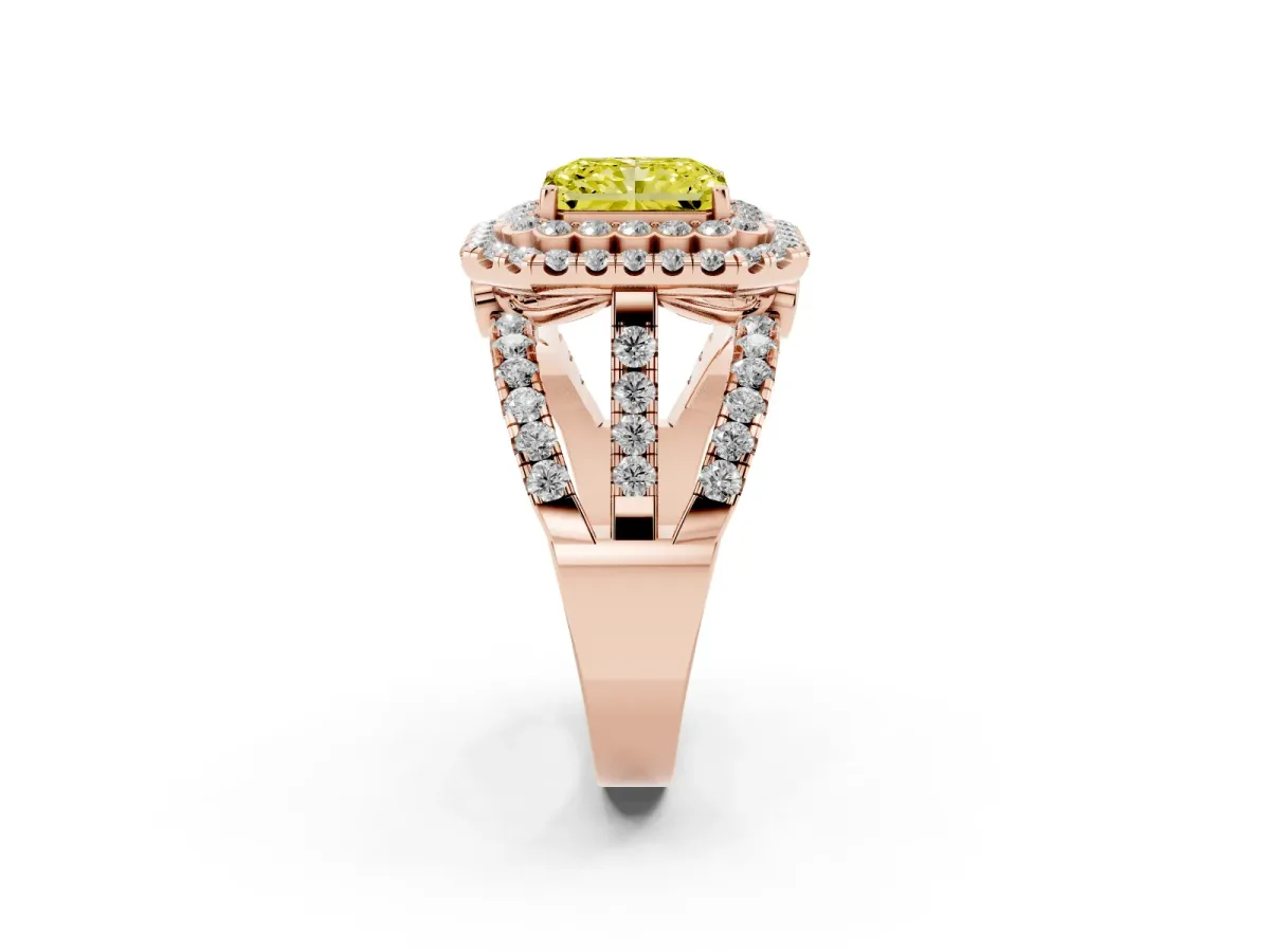 Fancy Yellow Radiant Cut Diamond Double Halo Ring with Round Pavé Split Shank and Prong Setting Rose gold