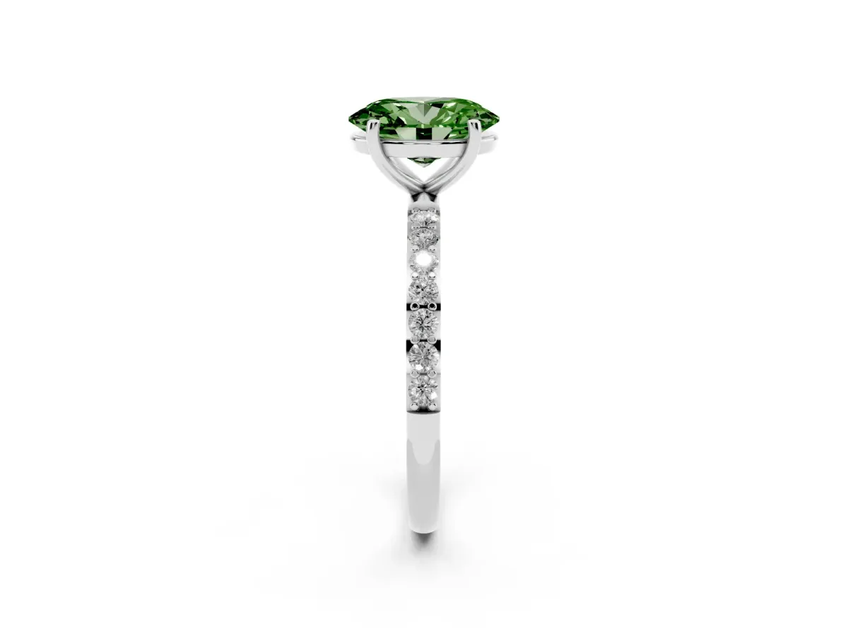 Fancy Green Oval Cut Diamond Solitaire Ring with Round Pavé Shoulders and Prong Setting Silver