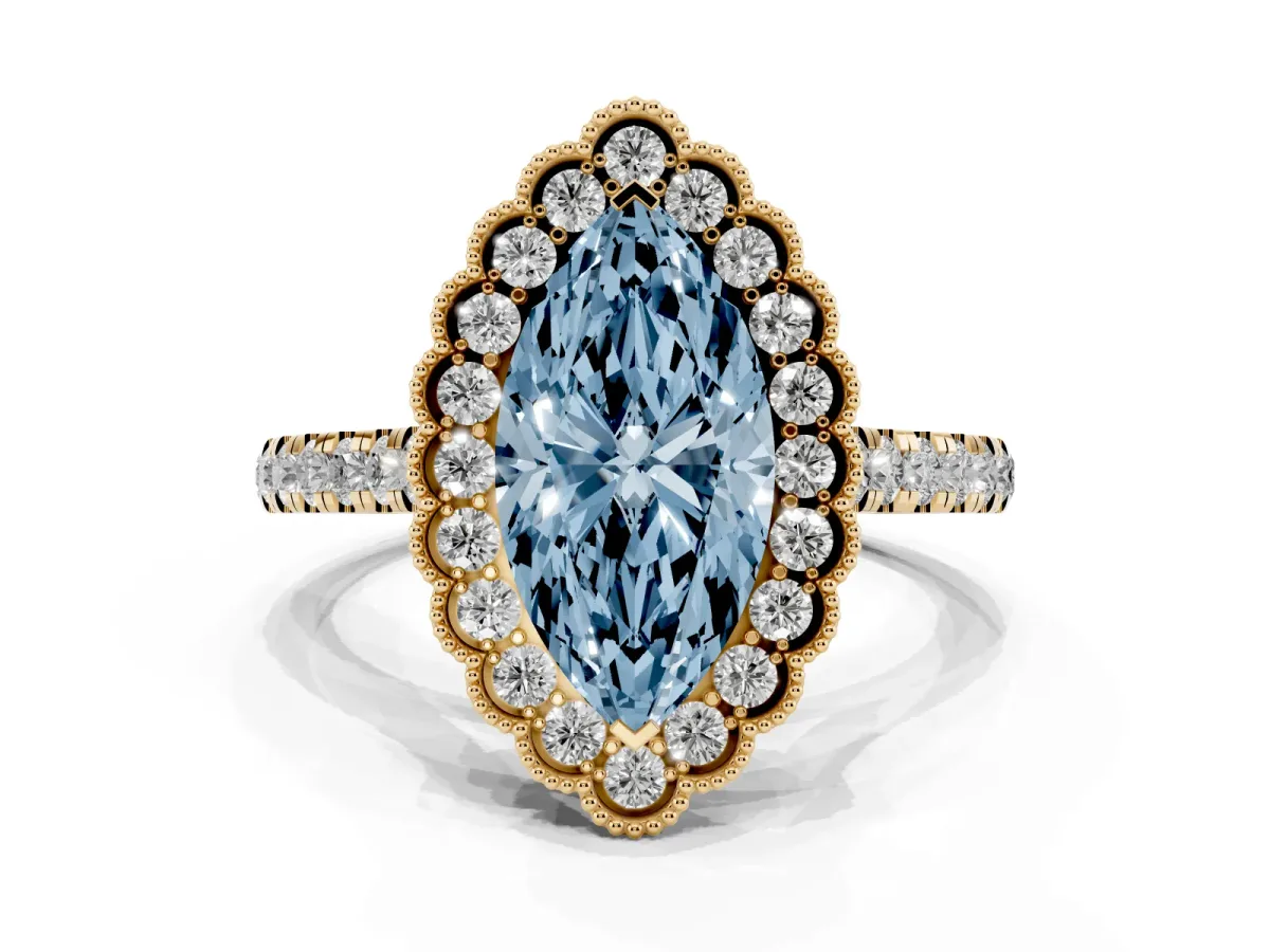 Fancy Blue Marquise Cut Cut Diamond Milgrain Floral Halo Engagement Ring with Pavé Band Yellow gold