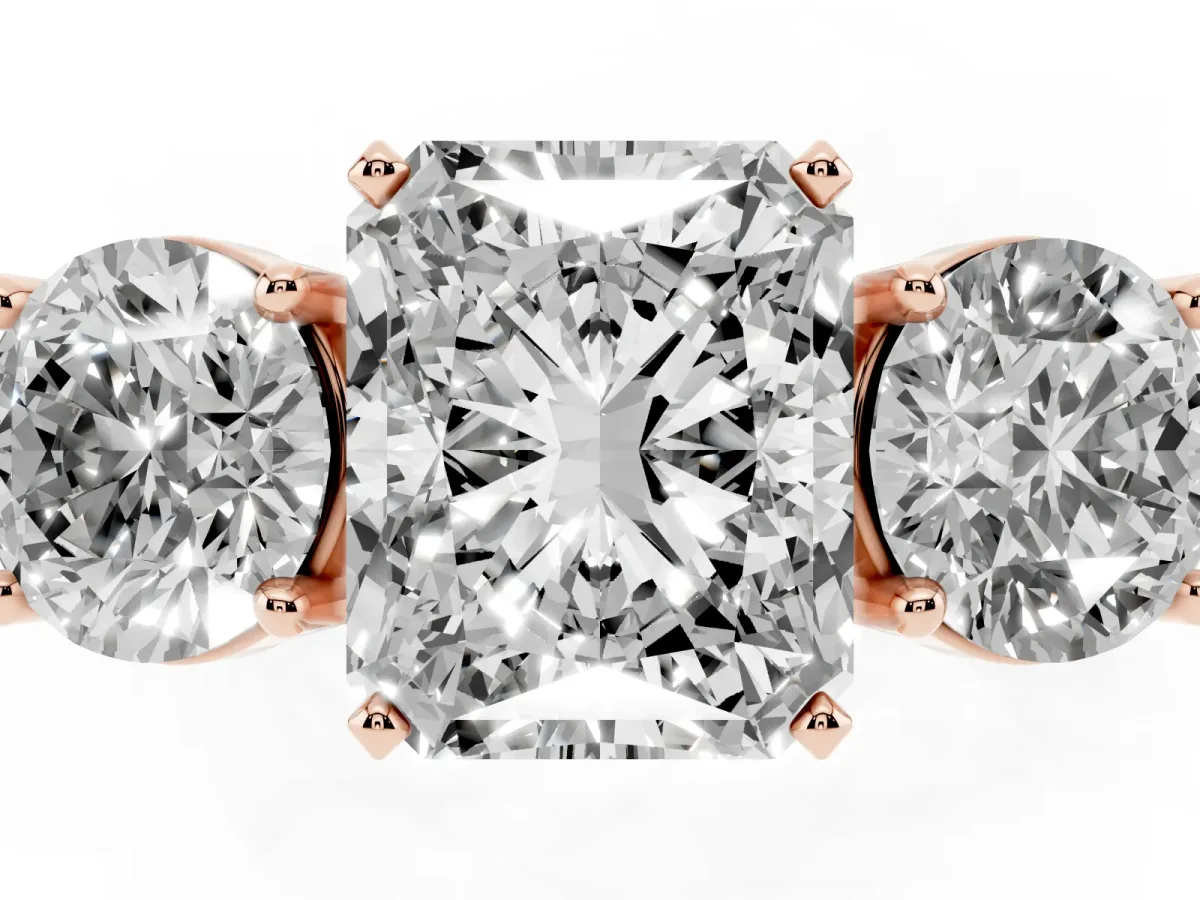 Three-Stone Radiant Cut Diamond Ring with Round Side Stones, Classic Band, and Four-Prong Setting Rose gold