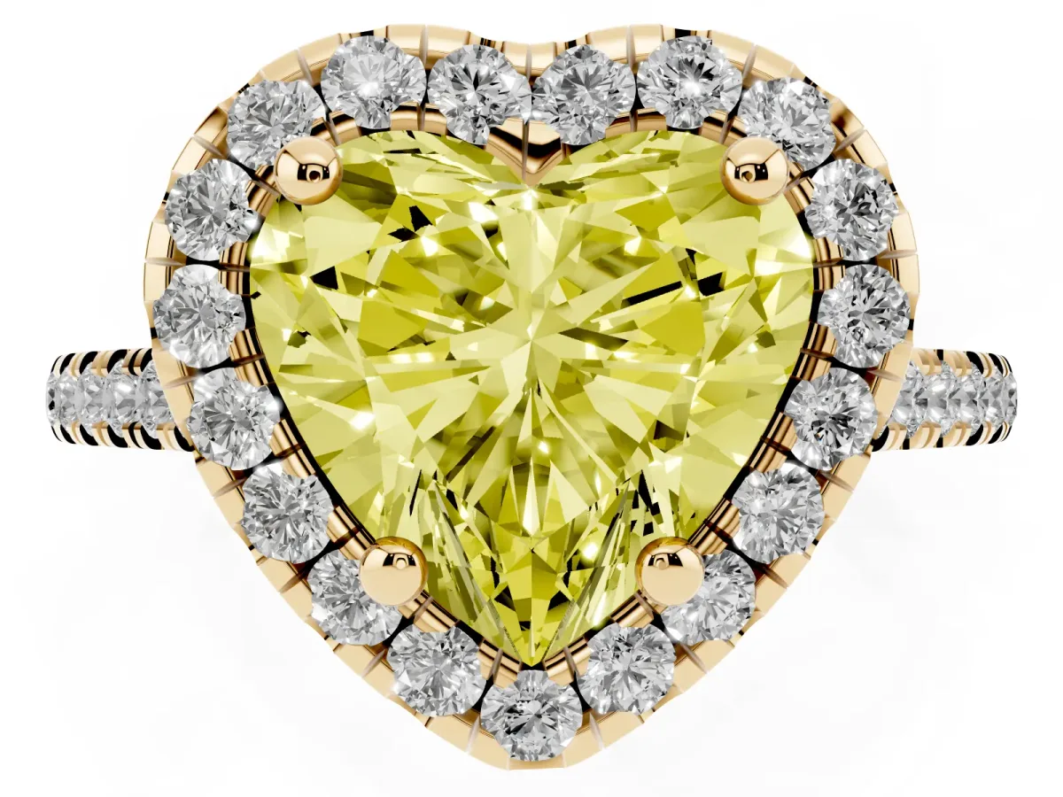 Fancy Yellow Heart Cut Diamond Cushion Halo Ring with Pavé Band Yellow gold