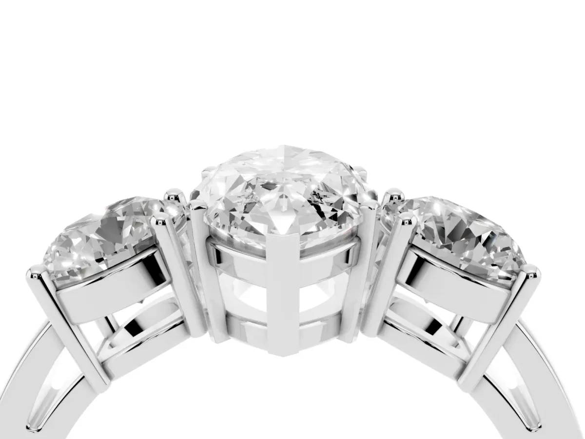 Three-Stone Marquise Cut Diamond Ring with Round Side Stones, Classic Band, and Four-Prong Setting Silver