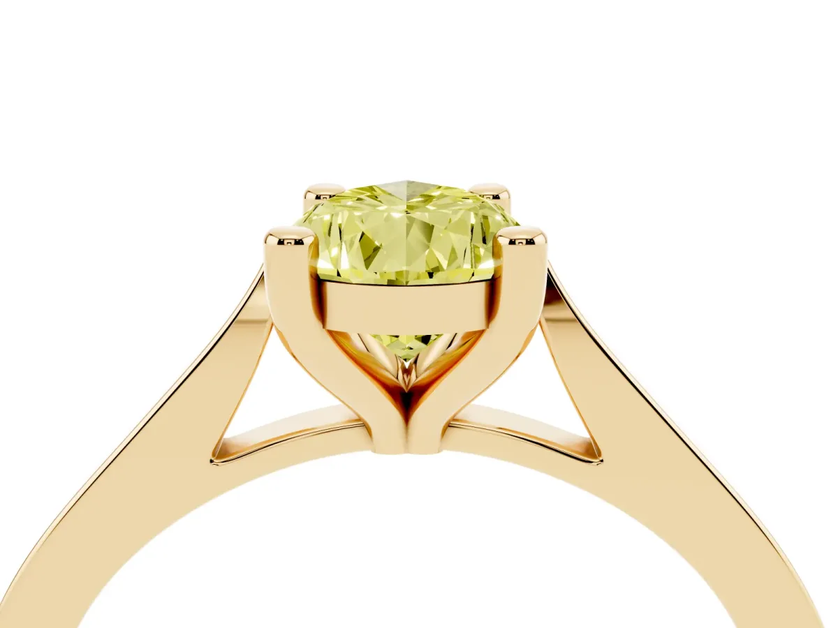 Fancy Yellow Pear Cut Solitaire Diamond Ring with Four-Prong Setting and Tapered Band Yellow gold