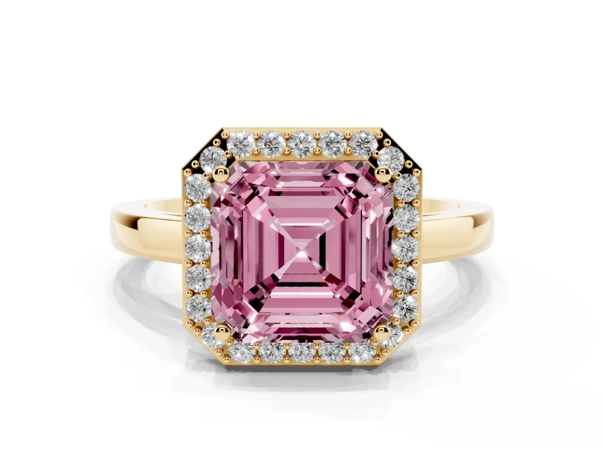 Fancy Pink Asscher Cut Halo Diamond Ring with Solitaire Band and Prong Setting Yellow gold