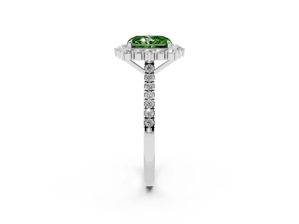 Fancy Green Radiant Cut Halo Diamond Ring with Pavé Band and Prong Setting Silver