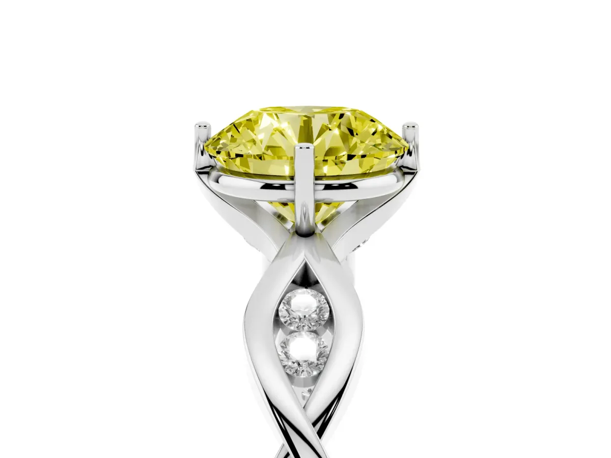 Fancy Yellow Round Cut Solitaire Twist Band with Leaf Prong Setting Platinum