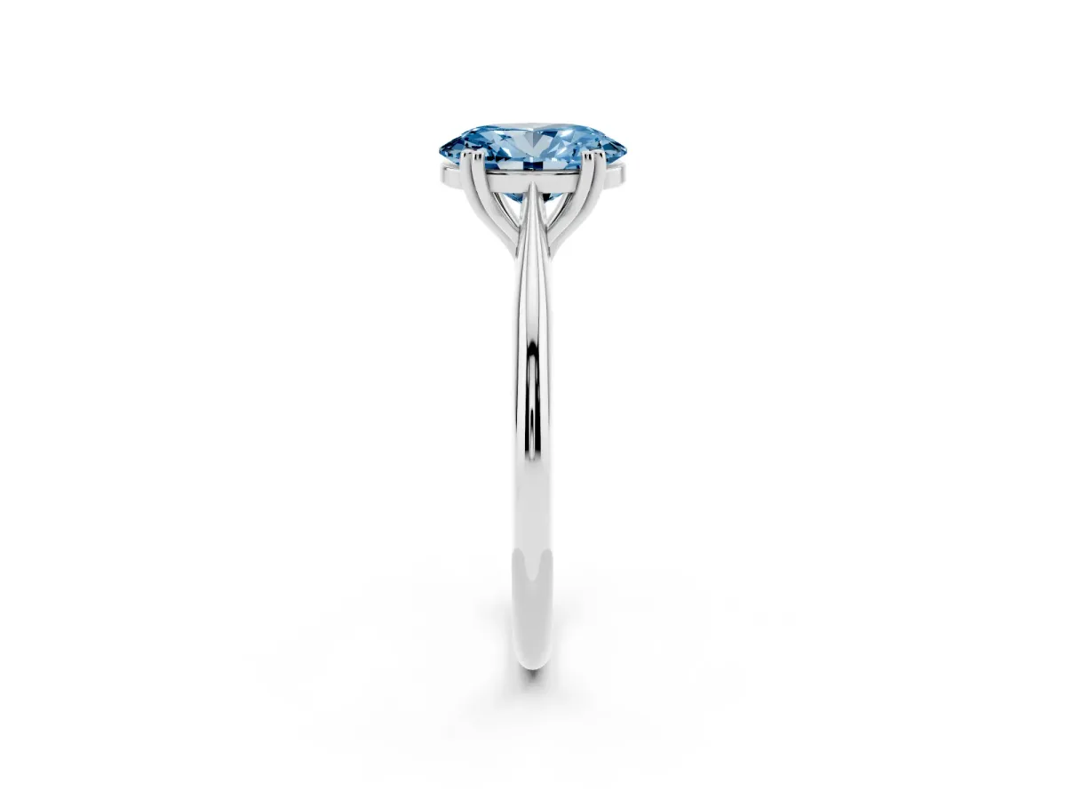 Fancy Blue Oval Cut Solitaire Diamond Ring with Six-Prong Setting and Classic Band Silver