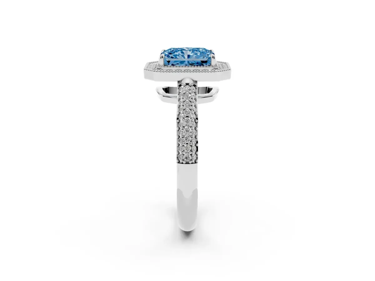 Fancy Blue Radiant Cut Cut Halo Diamond Pave Band with Four-Prong Setting Platinum