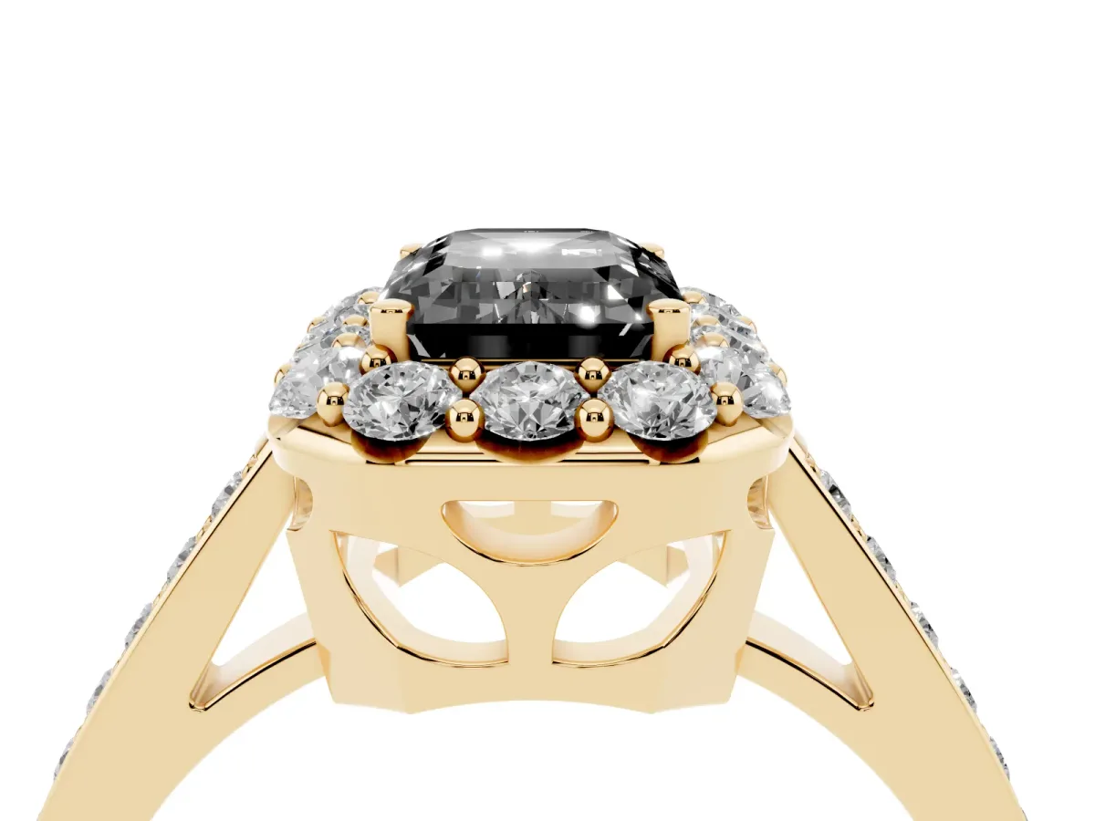 Fancy Black Emerald Cut Diamond Floral Halo Ring with Pavé Band and Prong Setting Yellow gold
