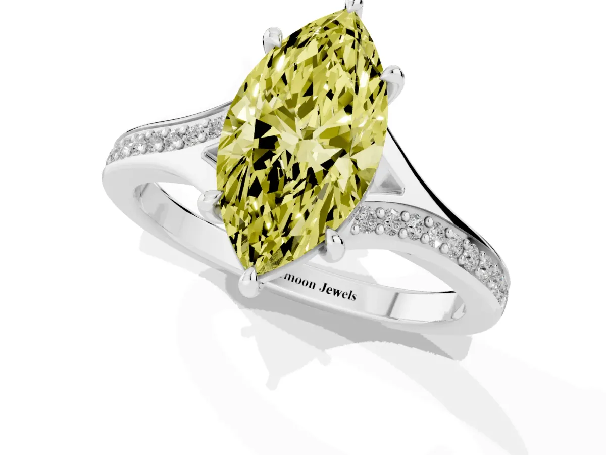 Fancy Yellow Marquise Cut Diamond Solitaire Ring with Pavé Band and Prong Setting Silver