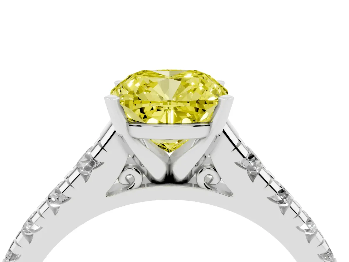 Fancy Yellow Cushion Cut Diamond Cathedral Solitaire Ring with Round Pavé Band Silver